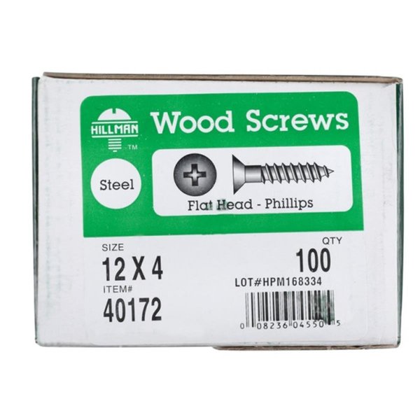 Hillman 40172 12 x 4 in. Phillip Flat Head Zinc Plated Steel Wood Screws 77083